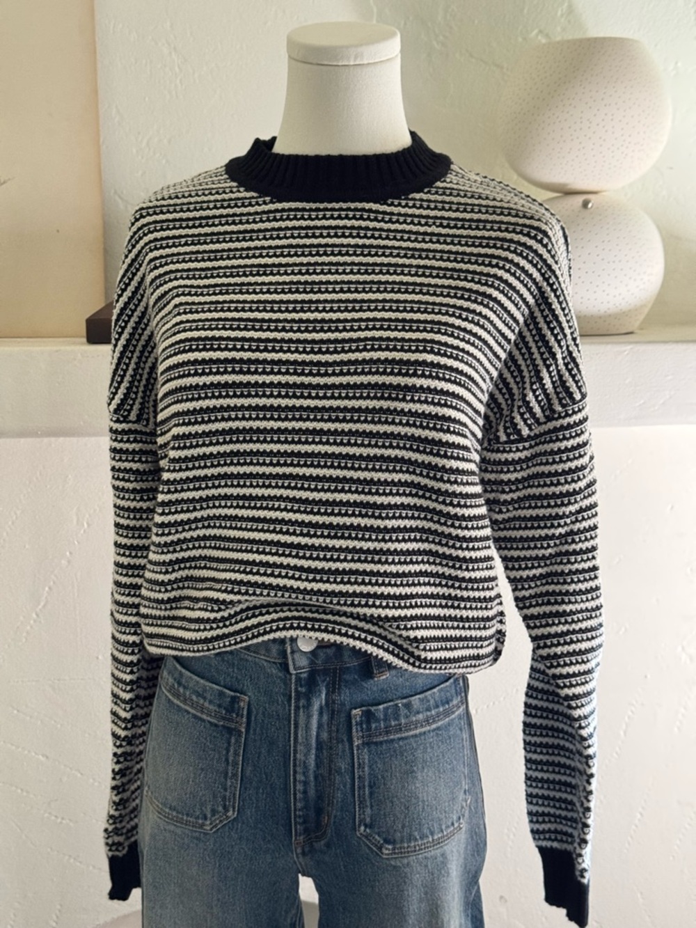 Frank And Oak Black Ivory Striped Cotton Sweater Small Drop Shoulder Crewneck